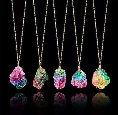 Rainbow Stone Natural Crystal Chakra Rock Chain Quartz Pendant Necklace Jewelry